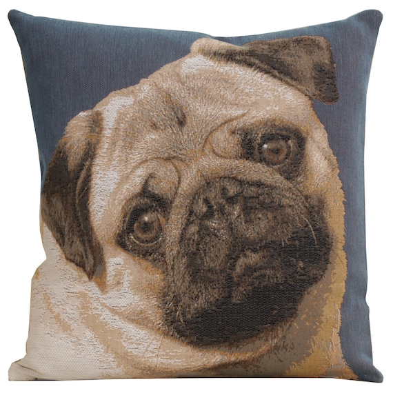 Pug Tapestry Cushion Cover: Dogs Art Pillow, Woven in France (14x14 inch)
