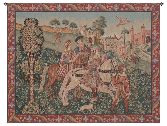 Medieval Hunting Scene Tapestry: Woven French Wall Decor