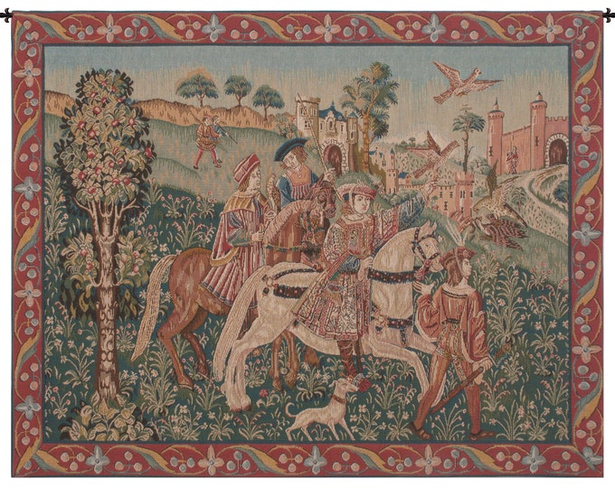 Medieval Hunting Scene Tapestry: Woven French Wall Decor