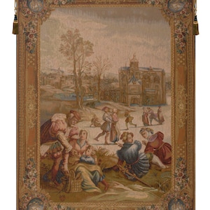 Vintage Les Patineurs European Tapestry - Medieval French Landscape Woven Wall Art Decor Hanging
