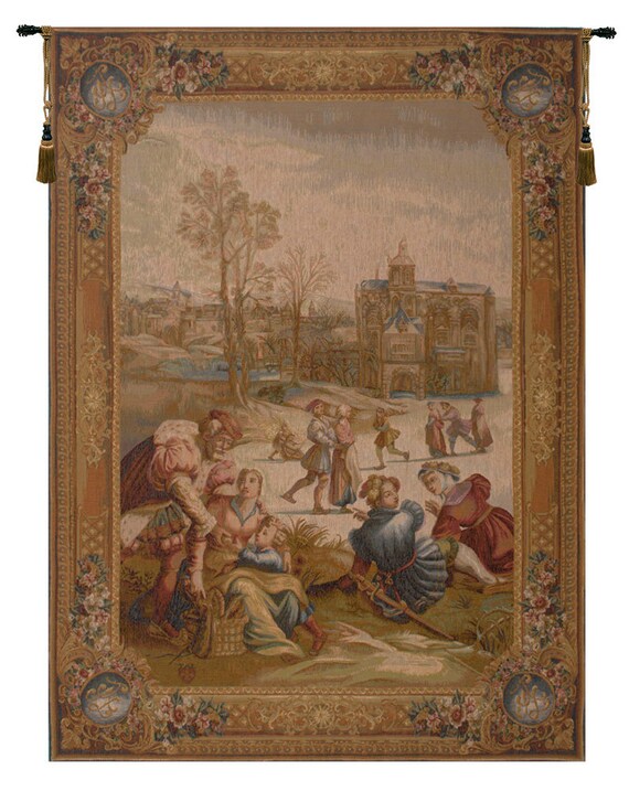 Vintage Les Patineurs European Tapestry - Medieval French Landscape Woven Wall Art Decor Hanging