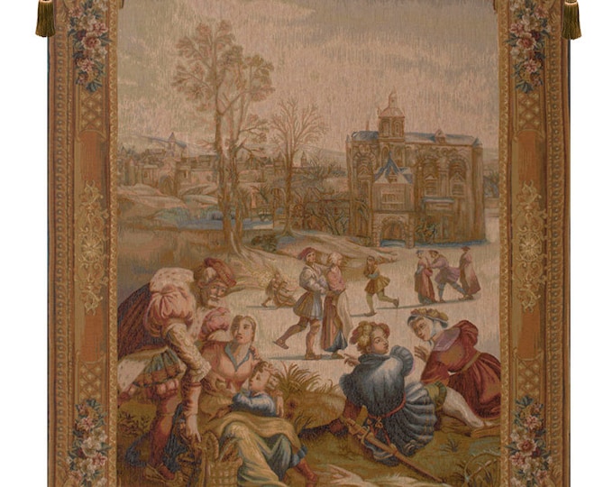 Vintage Les Patineurs European Tapestry - Medieval French Landscape Woven Wall Art Decor Hanging