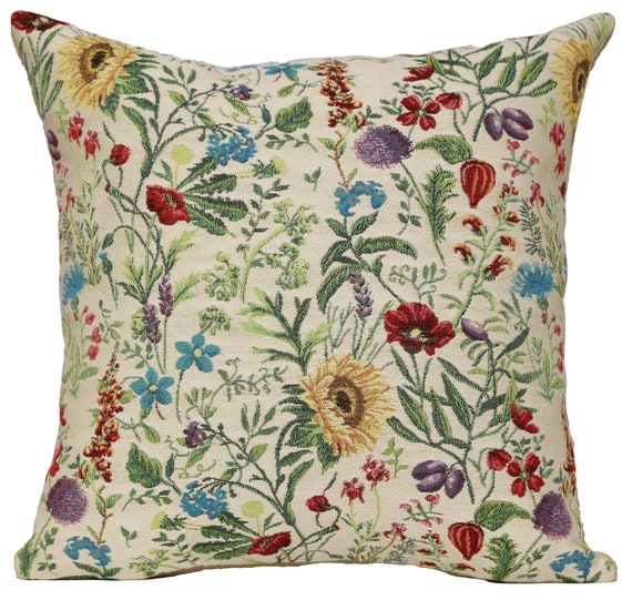 Wildflower Tapestry Pillow Cover: Belgian Woven Cotton Cushion, 18x18 Inch