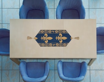 BELGIAN WOVEN Hand Finished Fully Lined Fleur de Lys TAPESTRY Royal Blue Table Runner with Gold Elegant Tassels, 12x38 inch
