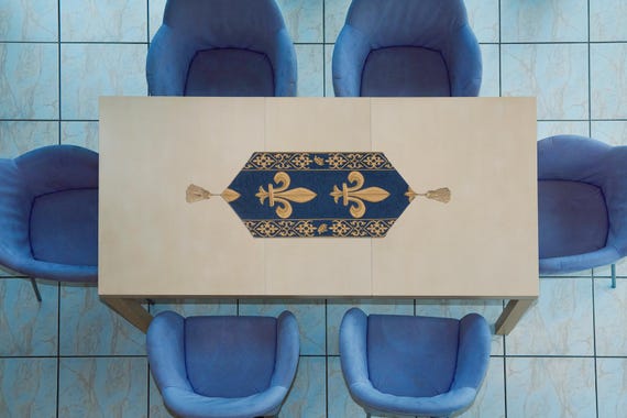 Belgian Woven Fleur de Lys Tapestry Table Runner: Royal Blue & Gold, 12x38