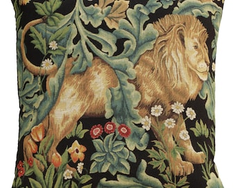William Morris Lion Tapestry Pillow Cover Belgian Jacquard Woven Cushion 18x18 Decorative Case
