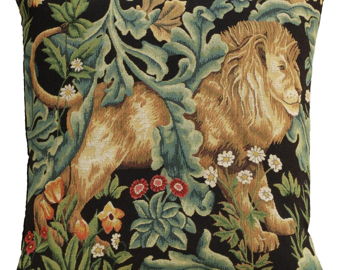William Morris Lion Tapestry Pillow Cover Belgian Jacquard Woven Cushion 18x18 Decorative Case