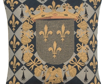 Belgian Medieval Crest I Cushion Cover - 18x18 - Woven in Belgium - Floral Tapestry Pillow Case for Couch - Gobelin Home Decor Black Pillow