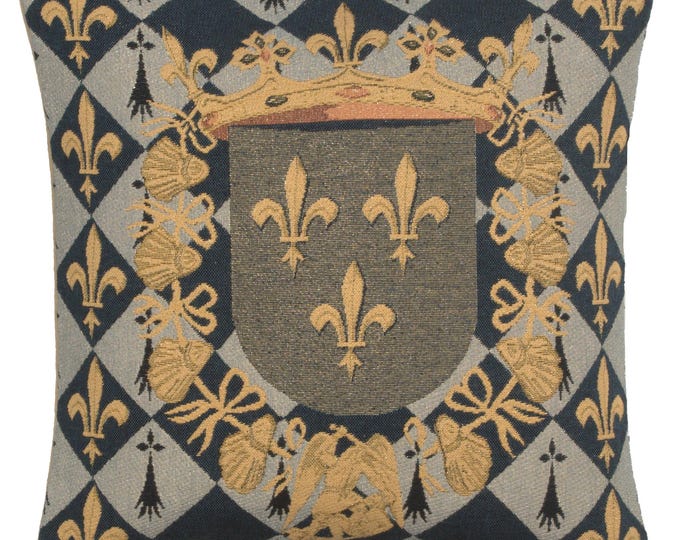 Belgian Tapestry Pillow Cover: Medieval Crest, Fleur de Lys (18x18)