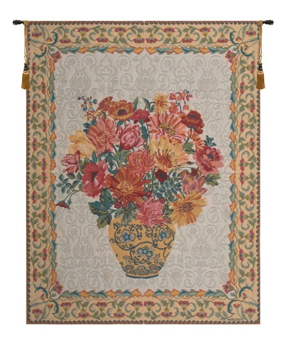 Floral Bouquet Wall Tapestry: Woven Belgian Chinoiseries Art (66x50 inch)