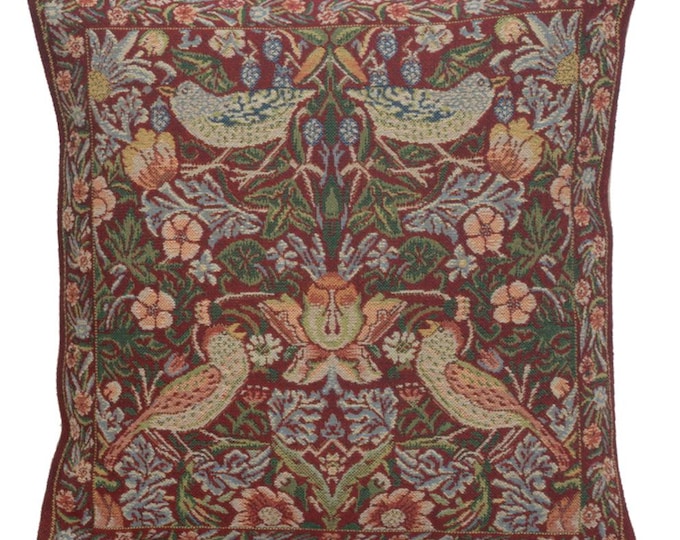 Strawberry Red William Morris Tapestry Pillow Cover - 16x16 inch Woven Cushion for Home Decor
