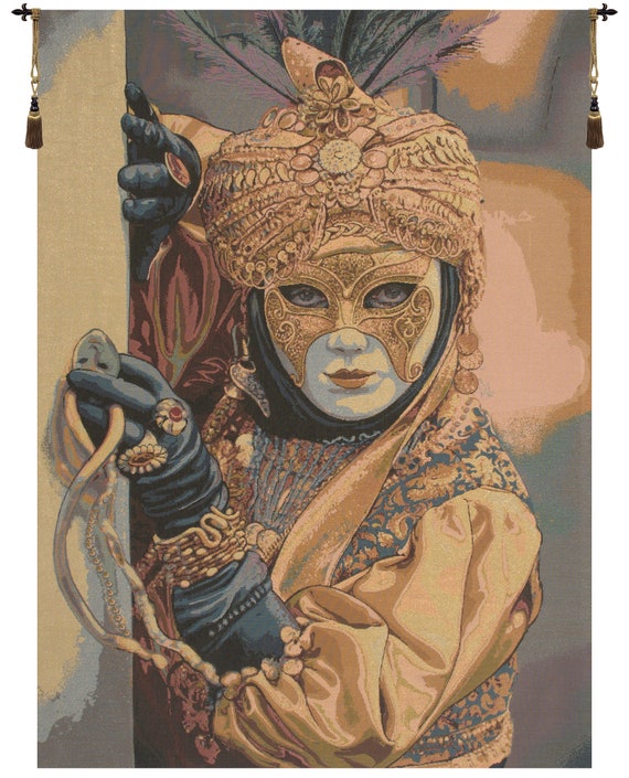 Venetian Carnival Mask Tapestry: Italian Jacquard Woven Wall Hanging