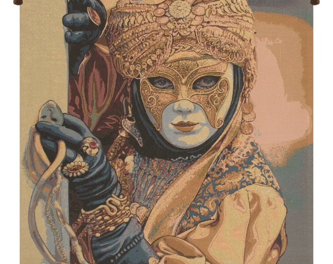 Venetian Carnival Mask Tapestry: Italian Jacquard Woven Wall Hanging