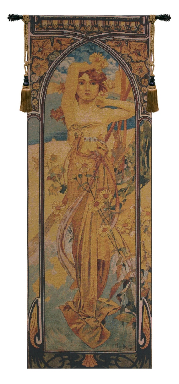 Mucha 'Jour' Art Nouveau Tapestry: Woven Jacquard Wall Hanging