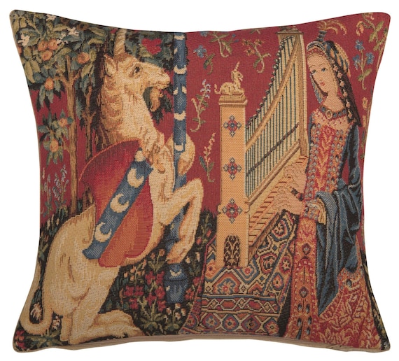 Belgian Tapestry Pillow Cover: Medieval Lady and Unicorn, 14x14
