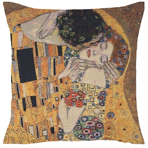 Gustav Klimt 'The Kiss' Tapestry Cushion Cover: Belgian Art Nouveau Pillow