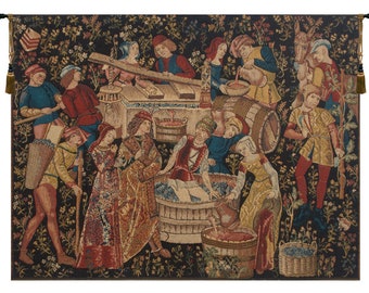 Grapes Harvest Vendanges European Wall Tapestry - Millefleurs Background Woven Wall Décor Art - Medieval Home Décor Wall Hanging