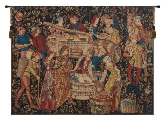 Grapes Harvest Tapestry: Medieval Millefleurs Woven Wall Art