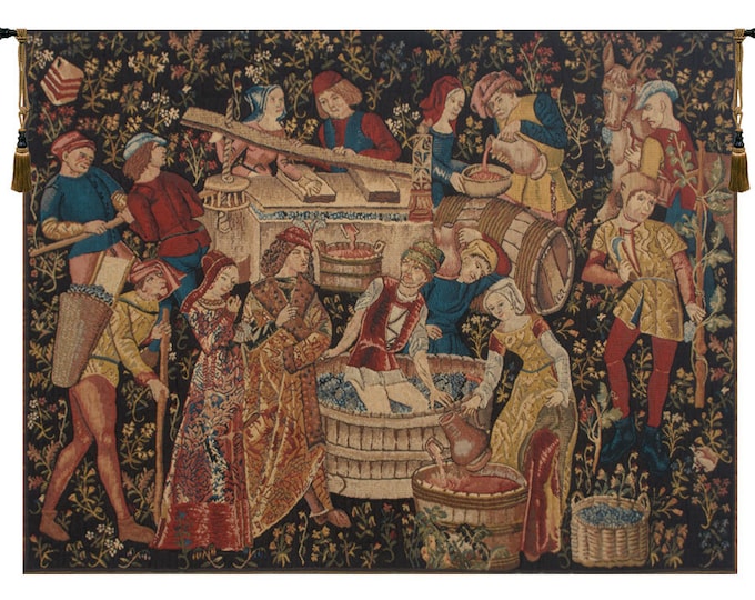 Grapes Harvest Tapestry: Medieval Millefleurs Woven Wall Art