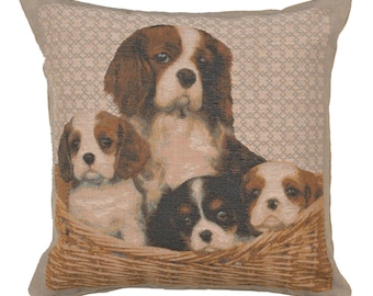 Cavalier King Charles Family Tapestry Cushion Cover - Dogs Art Pillow Cover - 19x19 inch Woven Throw Cushion Cover - Decorative Pillow Cover