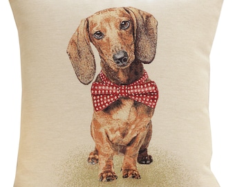 Bow Dog Tapestry Cushion Cover 18x18 inch - Cute Pet Lover Decorative Pillow Cover - Jacquard Woven Throw Pillows Case