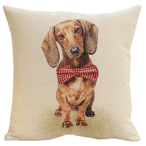 Bow Dog Tapestry Cushion Cover 18x18 inch - Cute Pet Lover Decorative Pillow Cover - Jacquard Woven Throw Pillows Case
