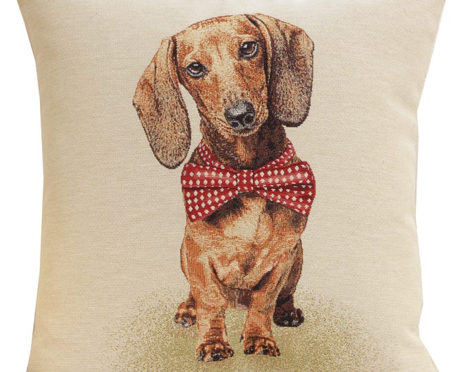 Dachshund Tapestry Pillow Cover – Dog with Bowtie, 18x18 inch
