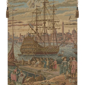 Galleon European Coastal Tapestry - Historical Woven Wall Art for Living Room or Study Decor