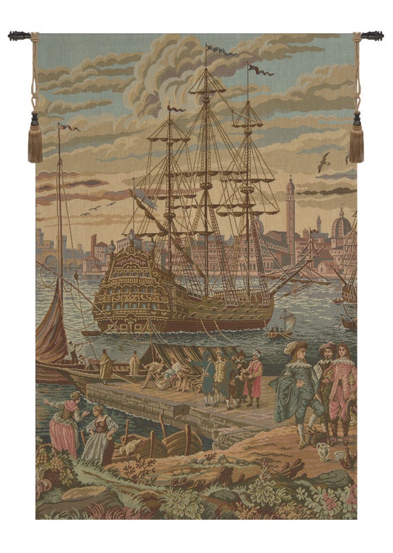 Galleon European Coastal Tapestry - Historical Woven Wall Art for Living Room or Study Decor