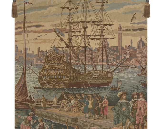 Galleon European Coastal Tapestry - Historical Woven Wall Art for Living Room or Study Decor