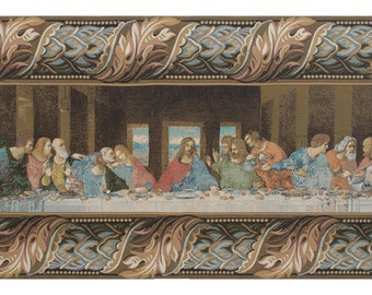 The Last Supper Italian with Border European Wall Tapestry - Jesus Religious Wall Art - Woven Italian Wall Tapestry - Christian Wall Hanging