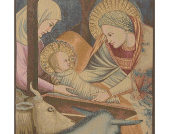 Nativity Giotto Left Panel European Wall Tapestry - Religious Wall Art - Woven Italian Wall Tapestry - Young Lady and Child Wall Hanging