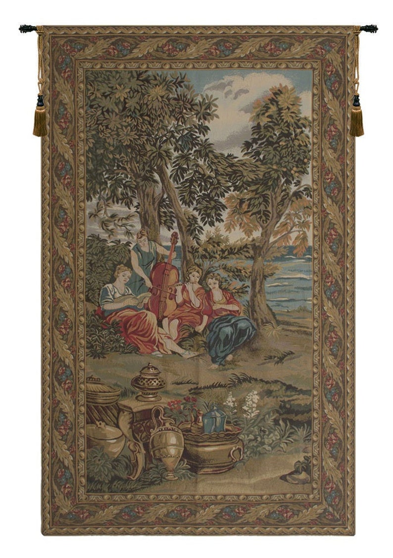 May include: A tapestry with a beige background depicting a group of women in a forest setting. The women are dressed in colorful clothing and are playing music. There are trees, flowers, and a body of water in the background. The tapestry has a gold and brown border with floral designs.