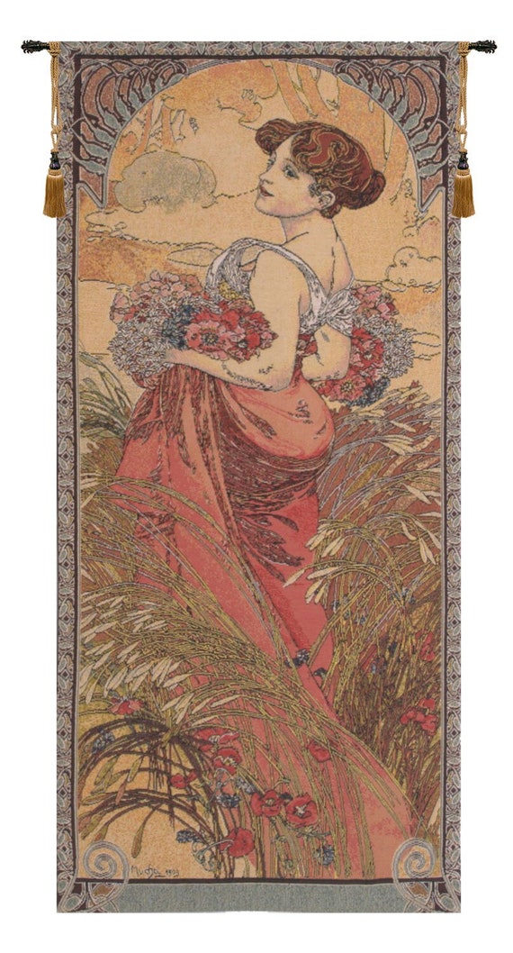 Art Nouveau Mucha Summer Tapestry: Belgian Woven Wall Hanging for Bohemian Home Decor