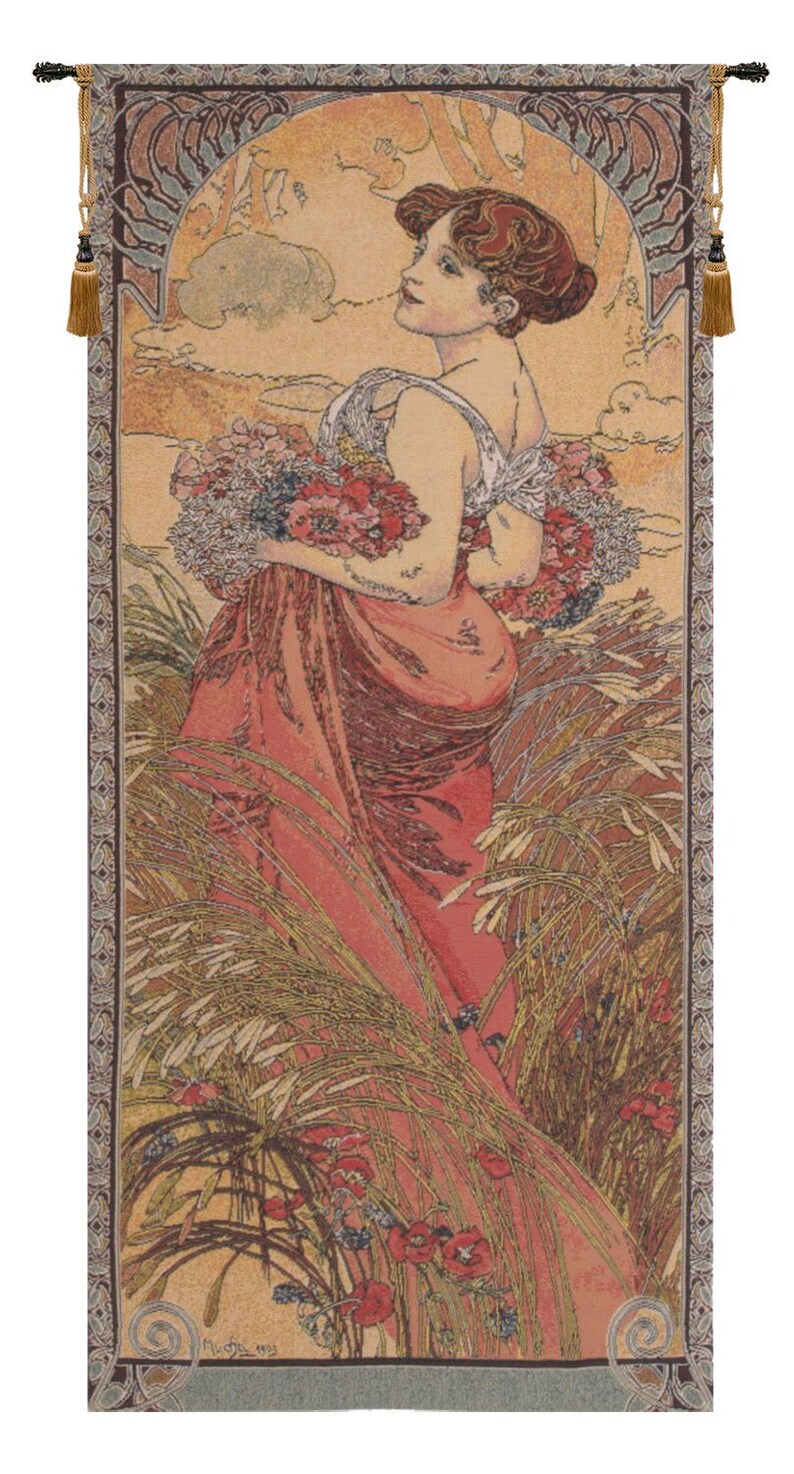 May include: A tapestry featuring a woman in a red dress holding a bouquet of flowers. The woman is standing in a field of tall grass and flowers. The tapestry has a border of intricate designs.
