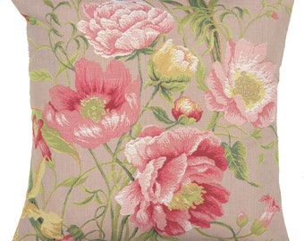 Peonies Tapestry Cushion Covers - 19x19 Inch Jacquard Pillow Cases - Pink Floral Throw Pillow Covers for Couch - Cream Sofa Cushion Cases