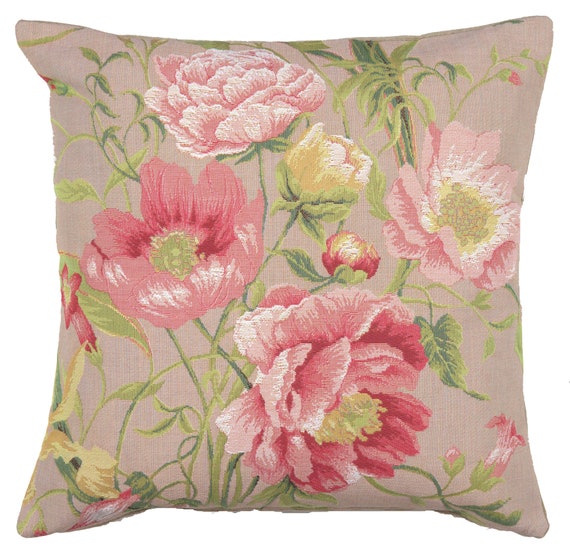 Peonies Tapestry Pillow Cover: Pink Floral Jacquard Cushion, 19x19 Inch