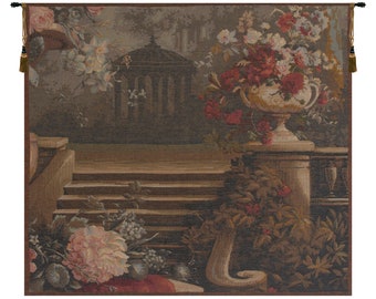 Bouquet at the Gazebo European Wall Tapestry - Medieval French Wall Tapestry - Woven Jacquard Wall Hanging - Floral Bouquet Wall Decor Art