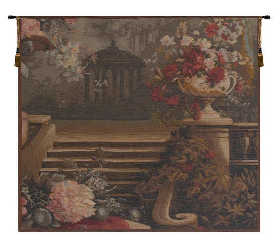 Gazebo Floral Tapestry: French Medieval Woven Wall Hanging (28x28 inch)