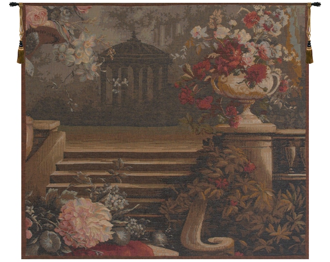 Gazebo Floral Tapestry: French Medieval Woven Wall Hanging (28x28 inch)