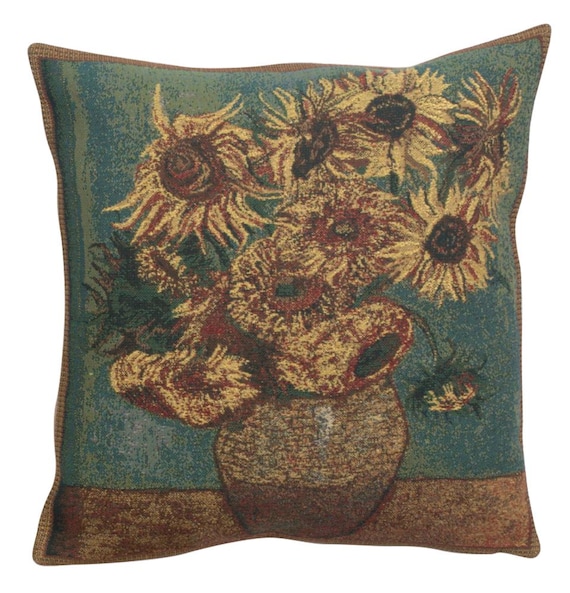 Van Gogh Sunflowers Tapestry Pillow Cover: Floral Art Throw, 16x16 inch