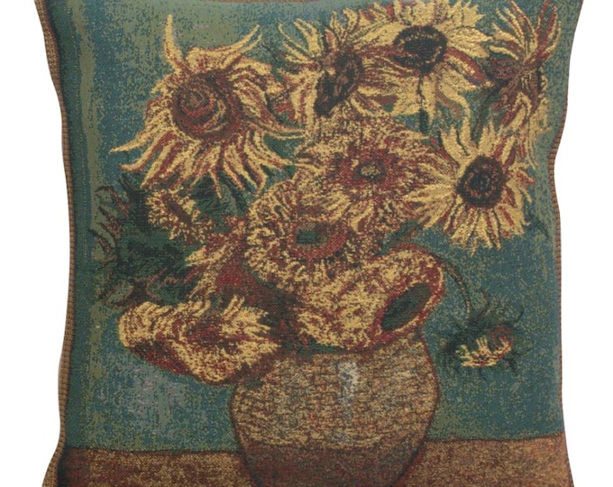 Van Gogh Sunflowers Tapestry Pillow Cover: Floral Art Throw, 16x16 inch