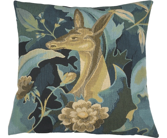 Forest Deer Jacquard Cushion Cover: Belgian Woven Cotton Throw Pillow