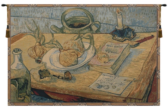 Italian Garlic Still Life Tapestry: European Woven Wall Hanging (38x53 inch)