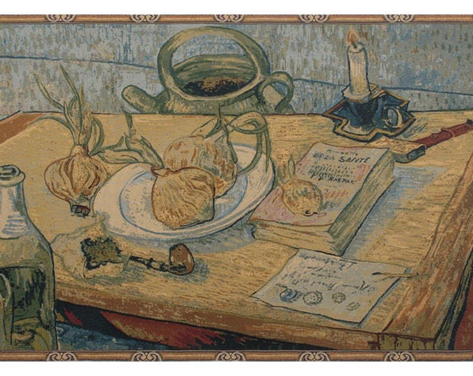 Italian Garlic Still Life Tapestry: European Woven Wall Hanging (38x53 inch)