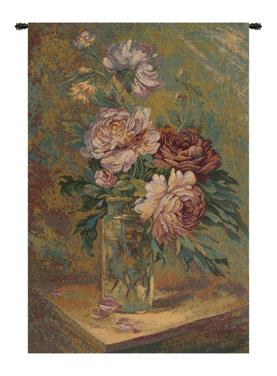 Floral Wall Tapestry: Italian Woven Flower Bouquet Art (19x12 inch)