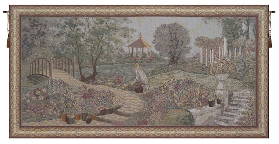 Busy Gardener of Eden Woven Wall Tapestry: Tranquil Garden Art (27x54 inch)