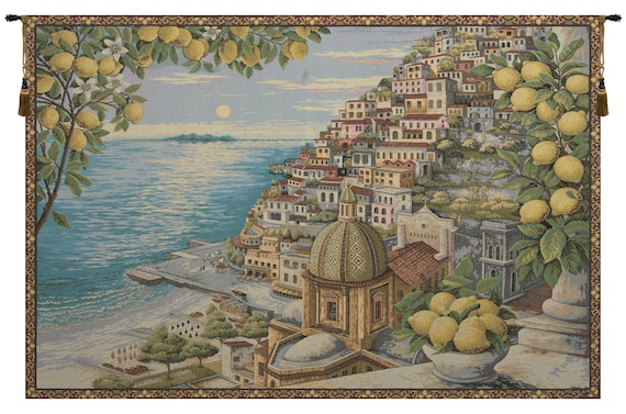 Amalfi Coast Italian Woven Wall Tapestry: Coastal Dwelling Decor (36x53)