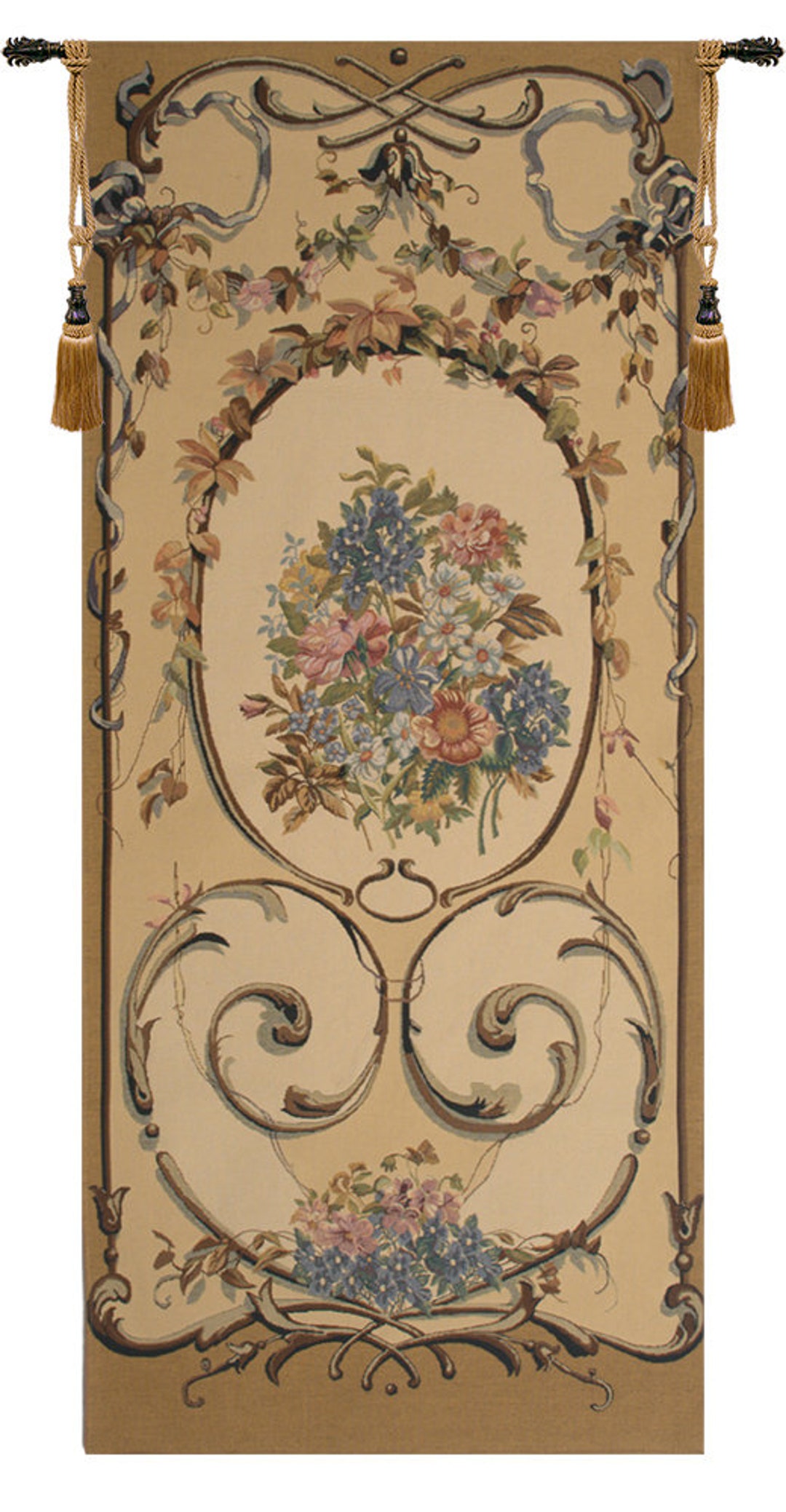 Tapisserie Murale Belge Jacquard « Urne Et Colonnes Florales » - 140x100 Cm, Coton/viscose - Neuf, Tissé à La Main, Décoration Bohème