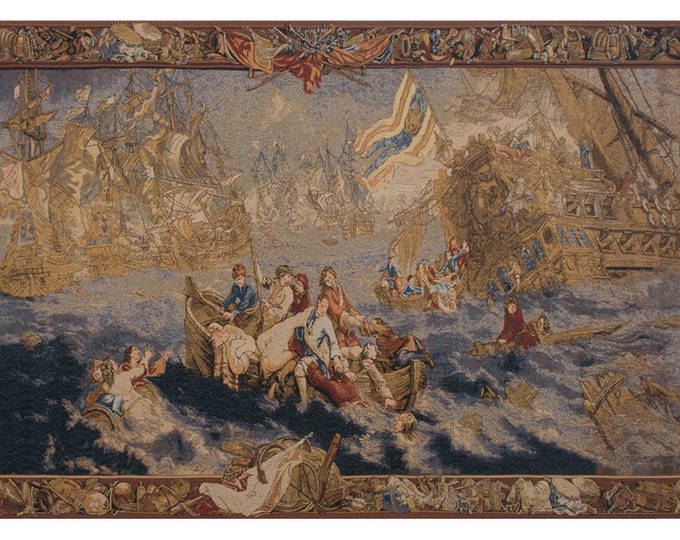 European Medieval Battle Naval Tapestry - Woven Belgian Gobelin Wall Hanging Decor Art